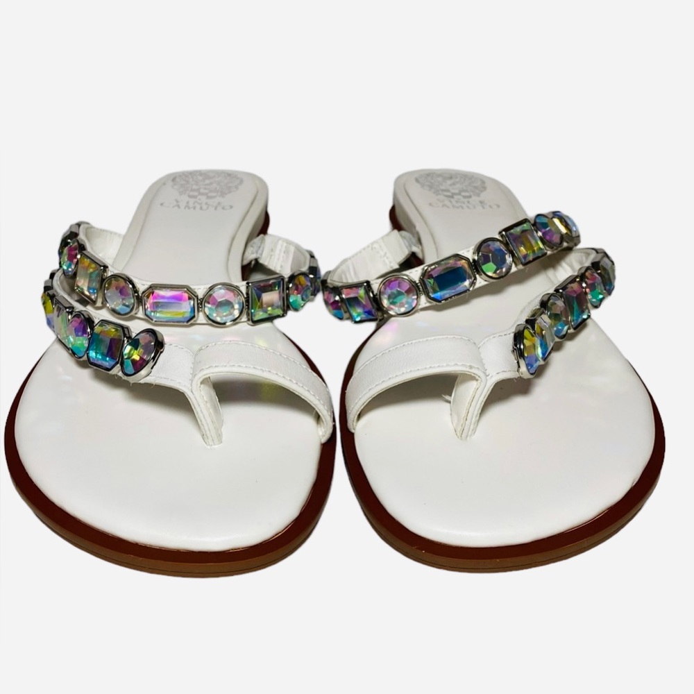 Vince Camuto Bejeweled Sandals Ambridil White Leathers shoes Toe Loop - Picture 6 of 10